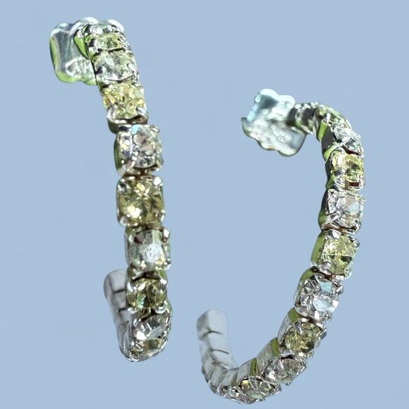 WOMEN’S SILVER HOOP EARRINGS WITH YELLOW & CLEAR CRYSTAL TENNIS SETTING - Picture 11 of 16